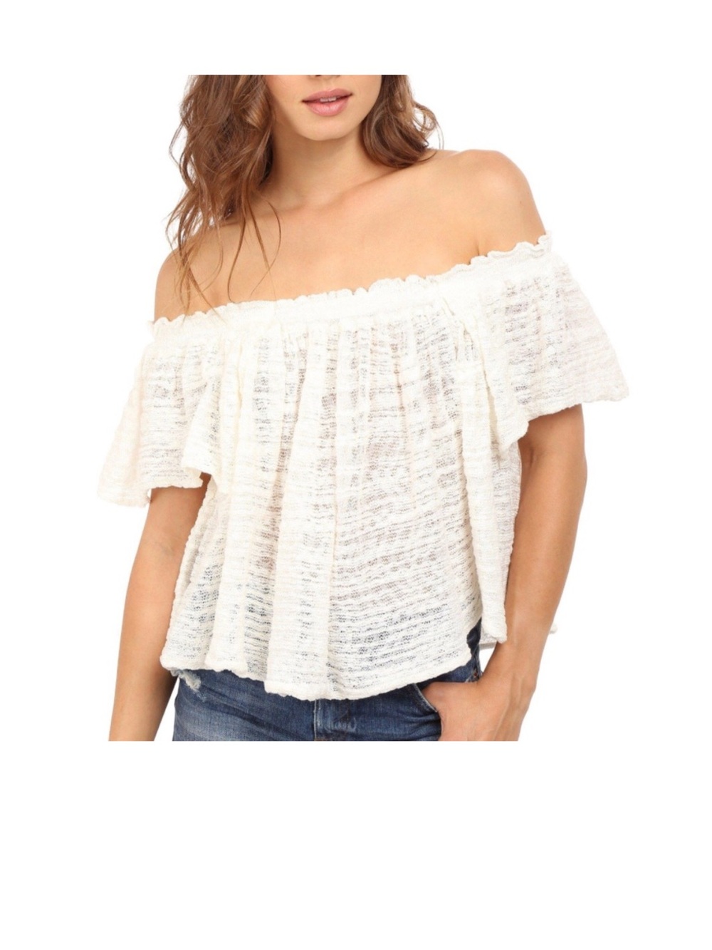 Free People Thrills and Frills Cropped Boho Off Shoulder Crochet Blouse Size M